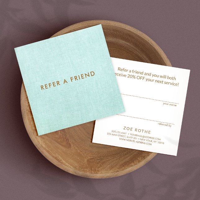Simple Turquoise Linen Customer Referral Card (Creator Uploaded)