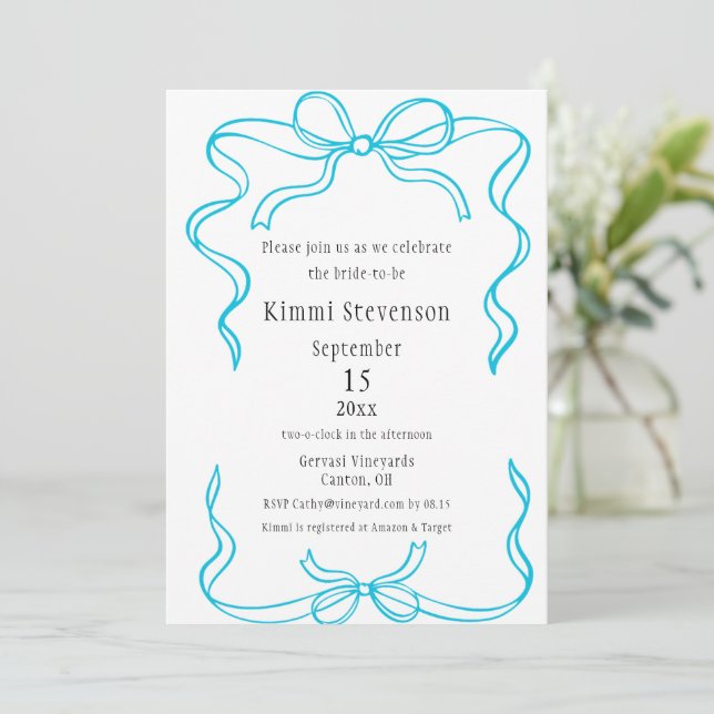 Simple Turquoise Ribbon Frame Bridal Shower Invitation (Standing Front)