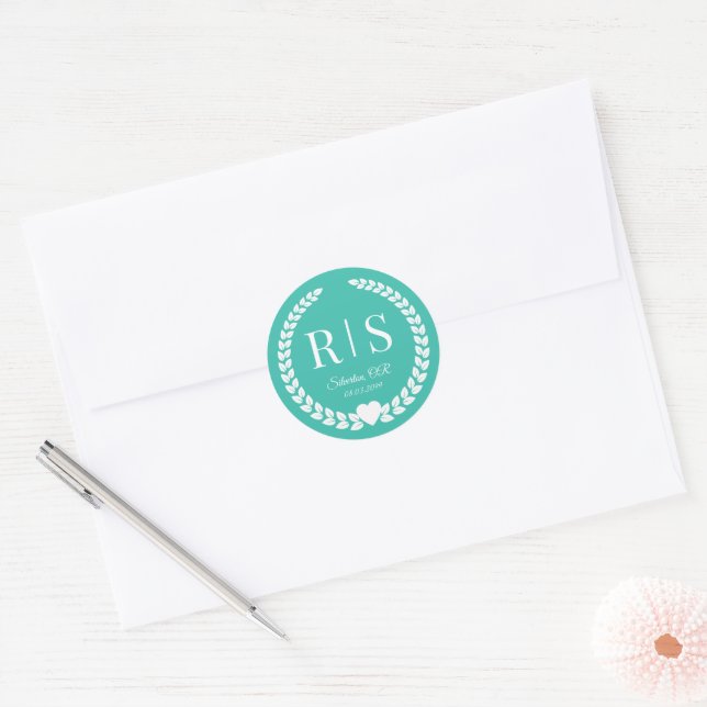 Simple Turquoise Teal Monogram Classic Round Sticker (Envelope)