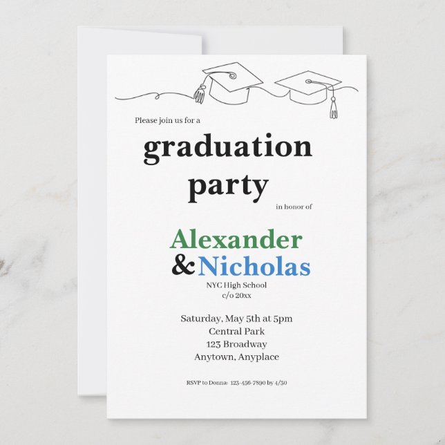 Simple Twin Cap and Tassel Graduation Invitation (Front)