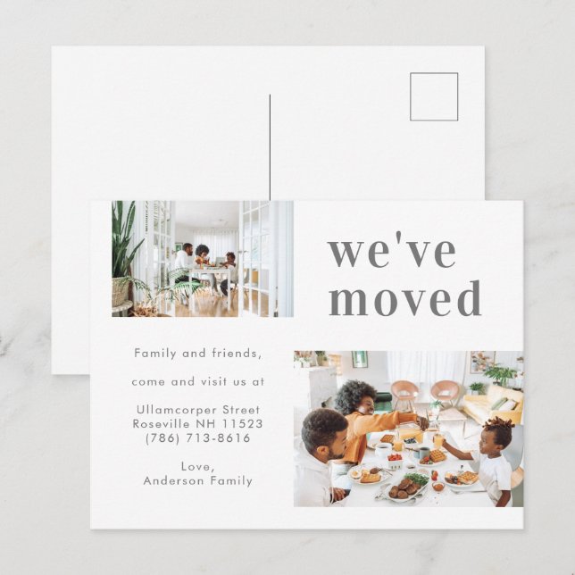  Simple Two Family Photo Minimalist We've Moved Announcement Postcard (Front/Back)