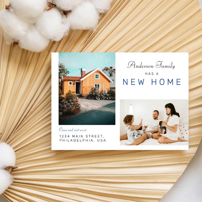 Simple Two Family Photo New Home Moving|Blue Announcement Postcard (Creator Uploaded)