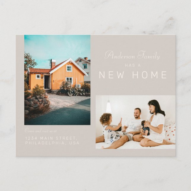 Simple Two Family Photo New Home Moving|Taupe Announcement Postcard (Front)