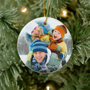 Simple Two Photos Name Year Ceramic Ornament