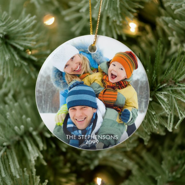 Simple Two Photos Name Year Ceramic Ornament (Tree)