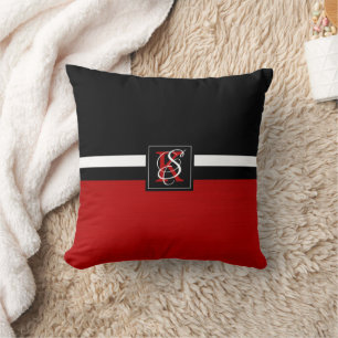 Simple Two Tone Black and Red Initials Monogram Cushion