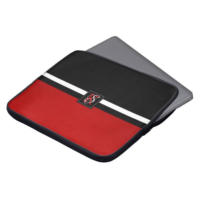 Simple Two Tone Black and Red Initials Monogram Laptop Sleeve (Front Top)