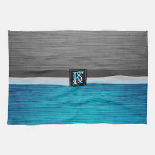 Simple Two Tone Blue and Grey Initials Monogram Tea Towel