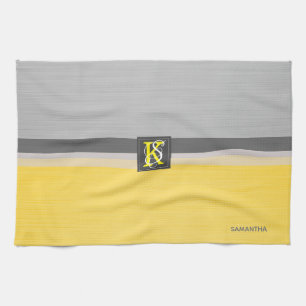 Simple Two Tone Yellow and Grey Initials Monogram Tea Towel