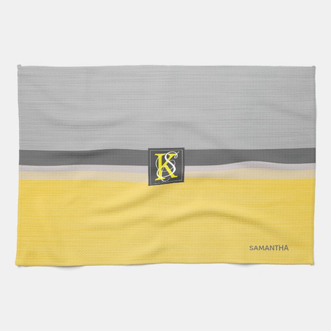 Simple Two Tone Yellow and Grey Initials Monogram Tea Towel (Horizontal)