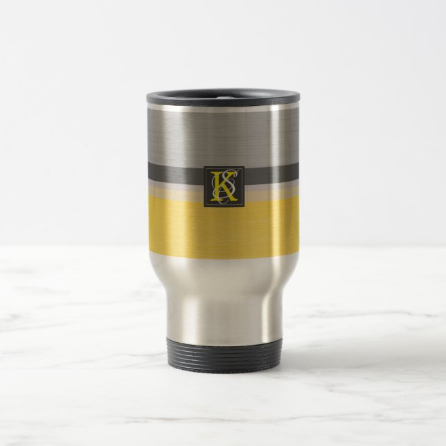 Simple Two Tone Yellow and Grey Initials Monogram Travel Mug (Center)