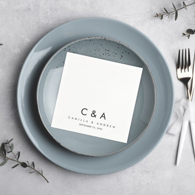 Simple Type Black and White Wedding Monogram Napkin (Simple Modern Black and White Wedding Monogram Cocktail Hour Party Napkins with Names and Date.)