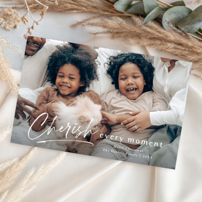 Simple Type Cherish Script Photo Christmas Card (Modern script Cherish every moment photo grand Christmas holiday cards.)