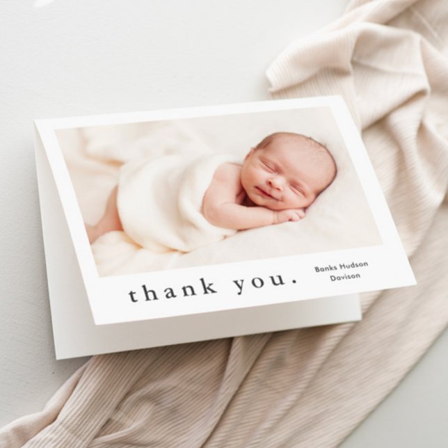 Simple Type Photo Baby Thank You Card (Simple typography black and white baby photo thank you card.)