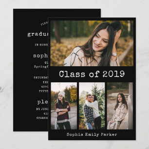 Simple Typewriter Black Graduation Party 4 Photo Invitation
