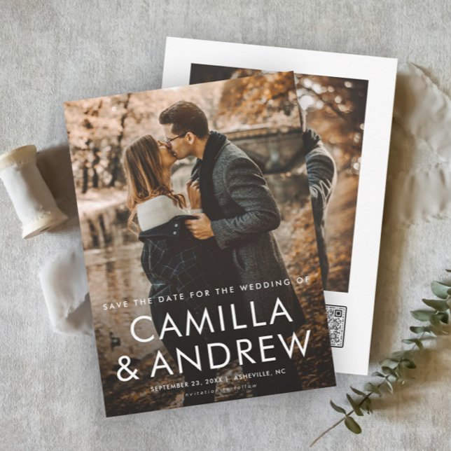 Simple Typographic QR code 2 Photo Wedding  Save The Date (Simple typographic 2 photo wedding save the date with QR code on the back.)