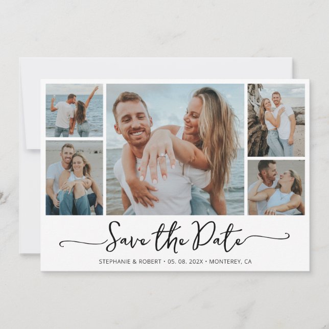 Simple Typography 5 Photo Collage Wedding Save The Date (Front)