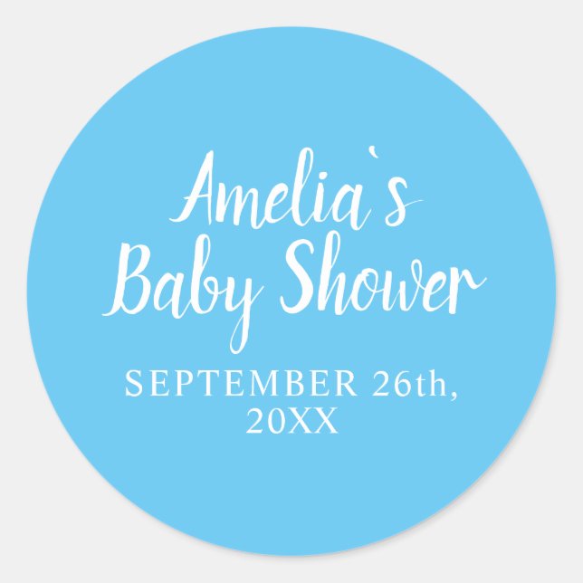 Simple Typography Blue Baby Boy Baby Shower Classic Round Sticker (Front)
