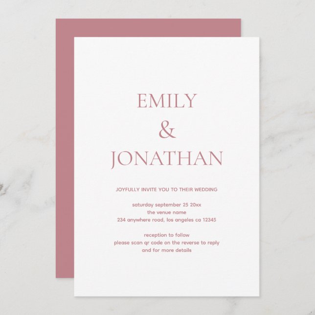 Simple Typography Dusty Rose QR code Wedding Invitation (Front/Back)