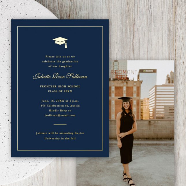 Simple Typography Graduation (Elegant gold foil photo graduation invitations.)