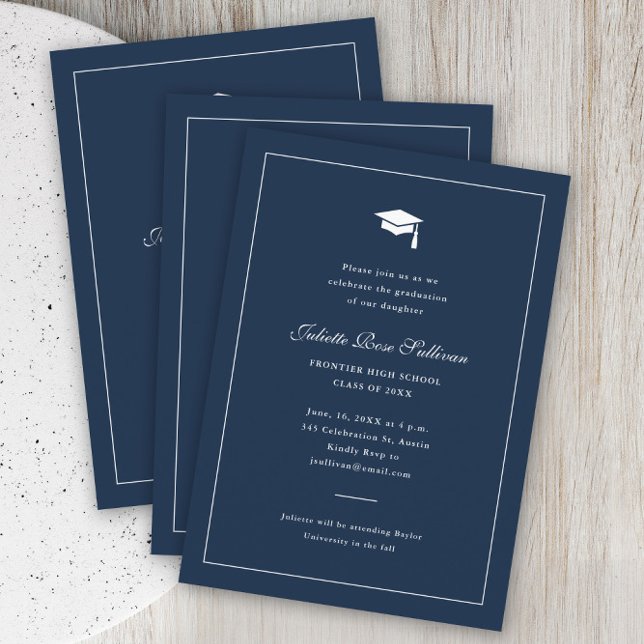 Simple Typography Graduation Invitation (Elegant navy blue simple type graduation party invitation.)