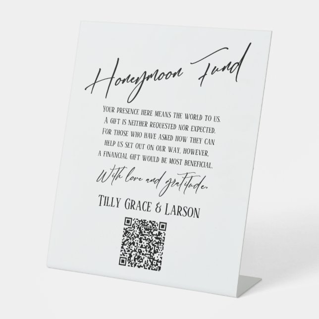 Simple Typography Honeymoon Fund QR Code White Pedestal Sign (Front)