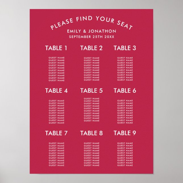 Simple Typography Magenta Wedding Seating Chart (Front)