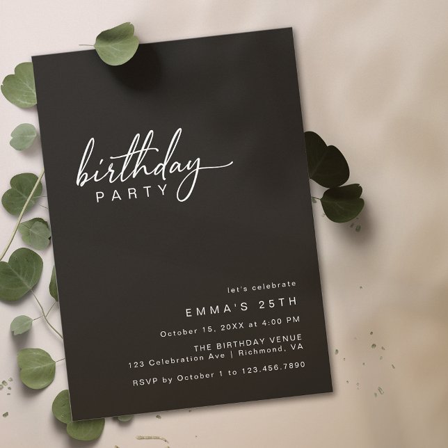 Simple Typography | Modern Black Birthday Party Invitation (Creator Uploaded)