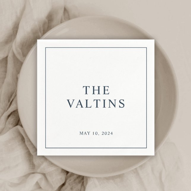 Simple Typography Navy Blue Wedding Napkins (Simple classic navy blue couples newlywed wedding reception cocktail napkins.)