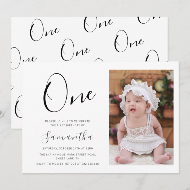 Simple Typography Photo 1st  Birthday  Invitation (Front/Back)