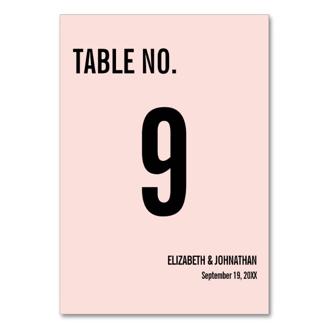 Simple Typography Pink Wedding Table Number Card (Front)