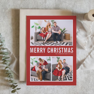 Simple Typography Red Merry Christmas Three Photo Holiday Card