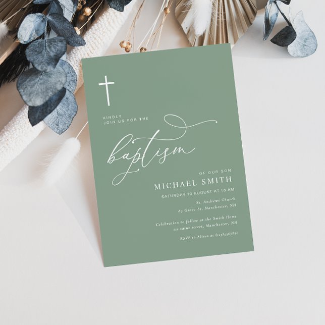 simple typography sage green baptism invitation (Creator Uploaded)