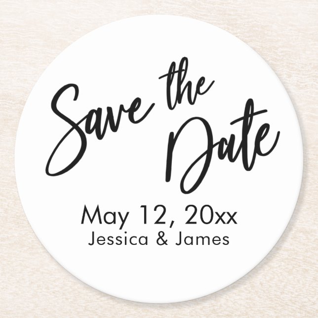 Simple Typography Save the Date Black & White Round Paper Coaster (Front)