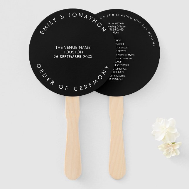 Simple Typography White Text Black Wedding Program Hand Fan (Front and Back)