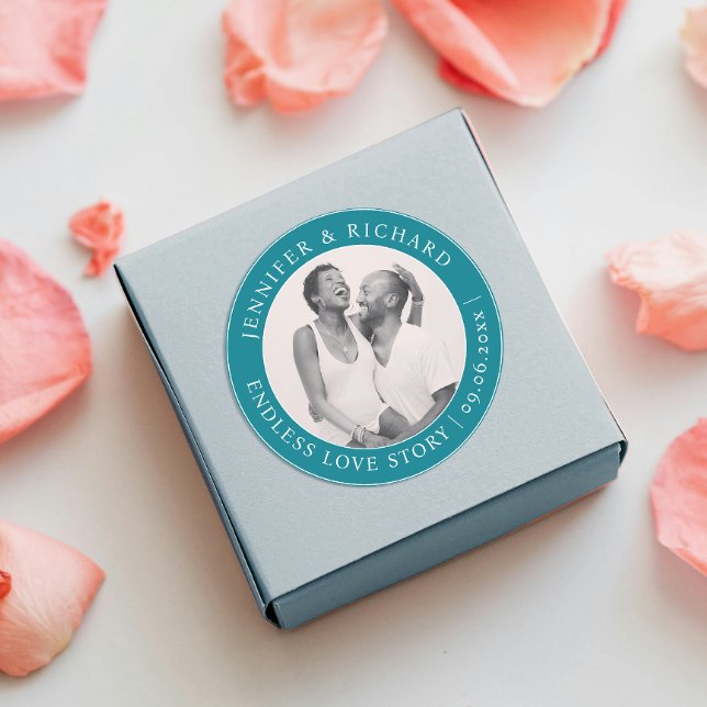 Simple Unique Turquoise Teal Love Photo Wedding  Classic Round Sticker (Creator Uploaded)