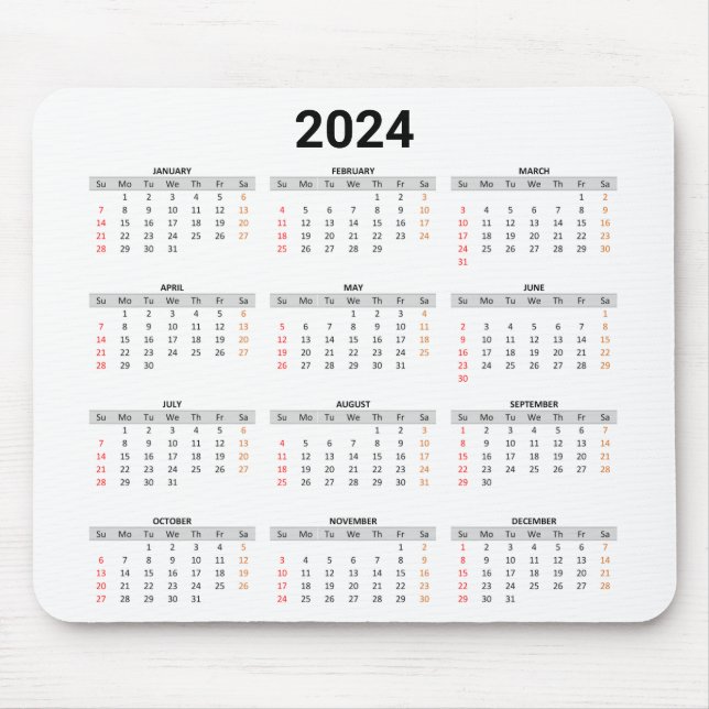 Simple US 2024 Full Year At A Glance Calendar Mouse Pad (Front)