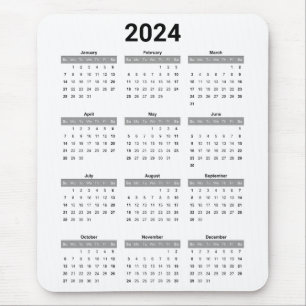 Simple US Black & White 2024 Yearly Calendar Mouse Pad