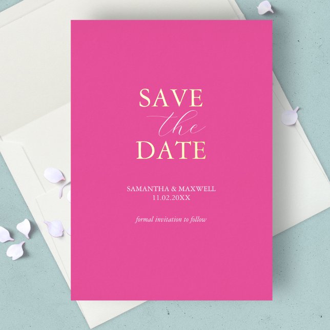 Simple Vibrant Pink Save The Date Wedding (save the date card vibrant pink and gold foil minimalistic. )