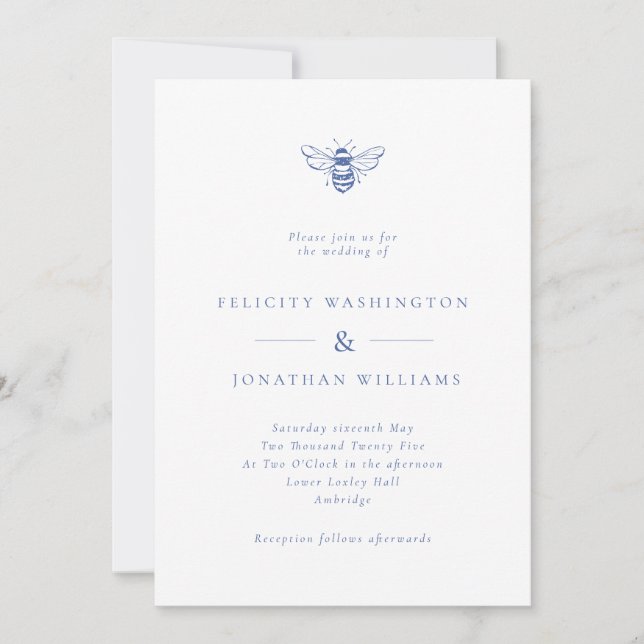 Simple Vintage Bee Blue Wedding Invitation (Front)