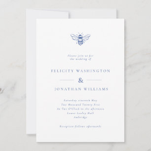 Simple Vintage Bee Blue Wedding Invitation