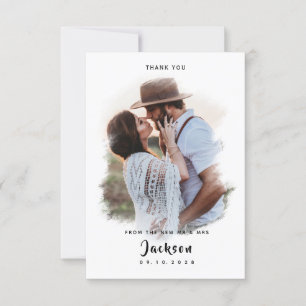 Simple Vintage Brush with photo Wedding Thank You Card