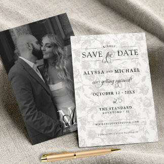 Simple Vintage Floral Photo Monogram Wedding Save The Date