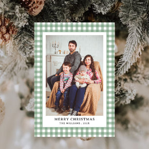 Simple Vintage Green Gingham Plaid Photo Christmas Holiday Card