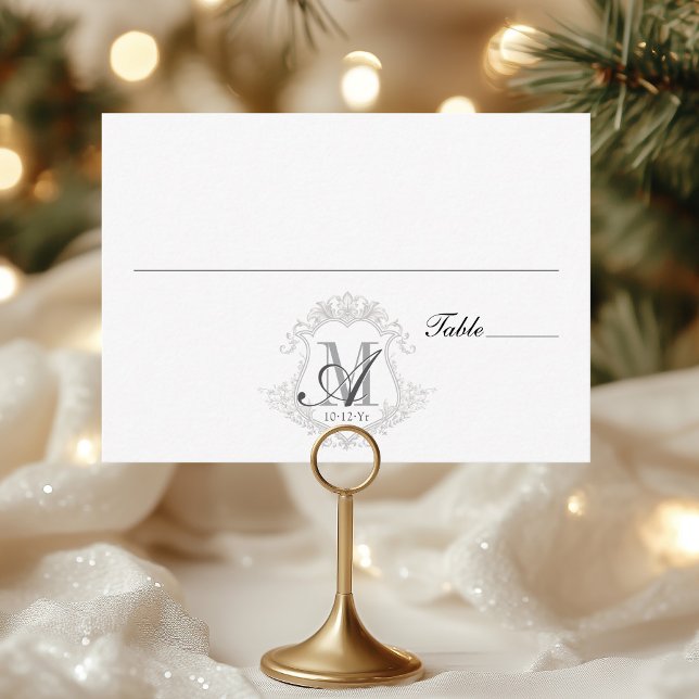 Simple Vintage Monogram Crest Wedding Place Card (Simple elegant modern black and white vintage floral monogram crest script wedding place card)