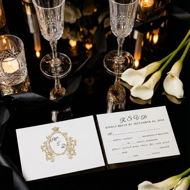 Simple Vintage Monogram Faux Gold Wedding RSVP Card (Creator Uploaded)