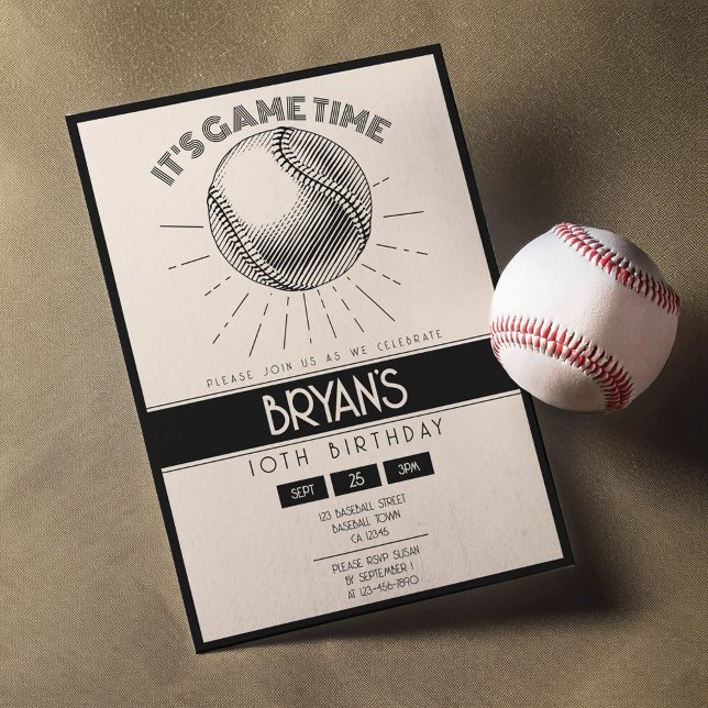 Simple Vintage Retro Black Baseball Birthday Invitation (Creator Uploaded)