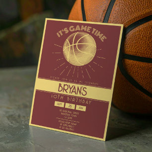 Simple Vintage Retro Gold Basketball Birthday Invitation