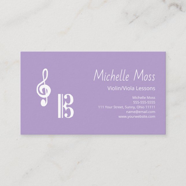 Simple Violin Viola Lessons Music Teacher Purple Business Card (Front)