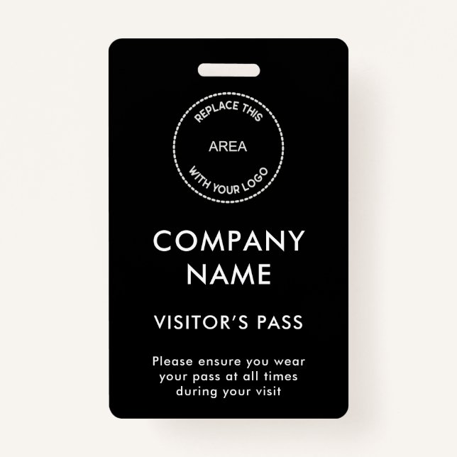 Simple Visitors Pass Company Name Logo Black White ID Badge (Front)